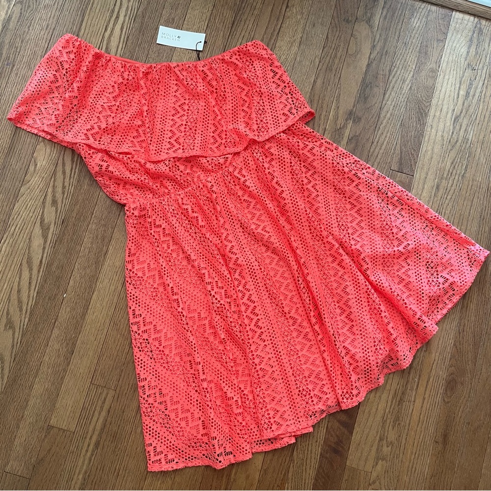 Molly Bracken Coral Lace/Woven Outer Layer One Shoulder Dress Size Large